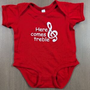 Little Kids Red Onesie "Here comes treble" Clef
